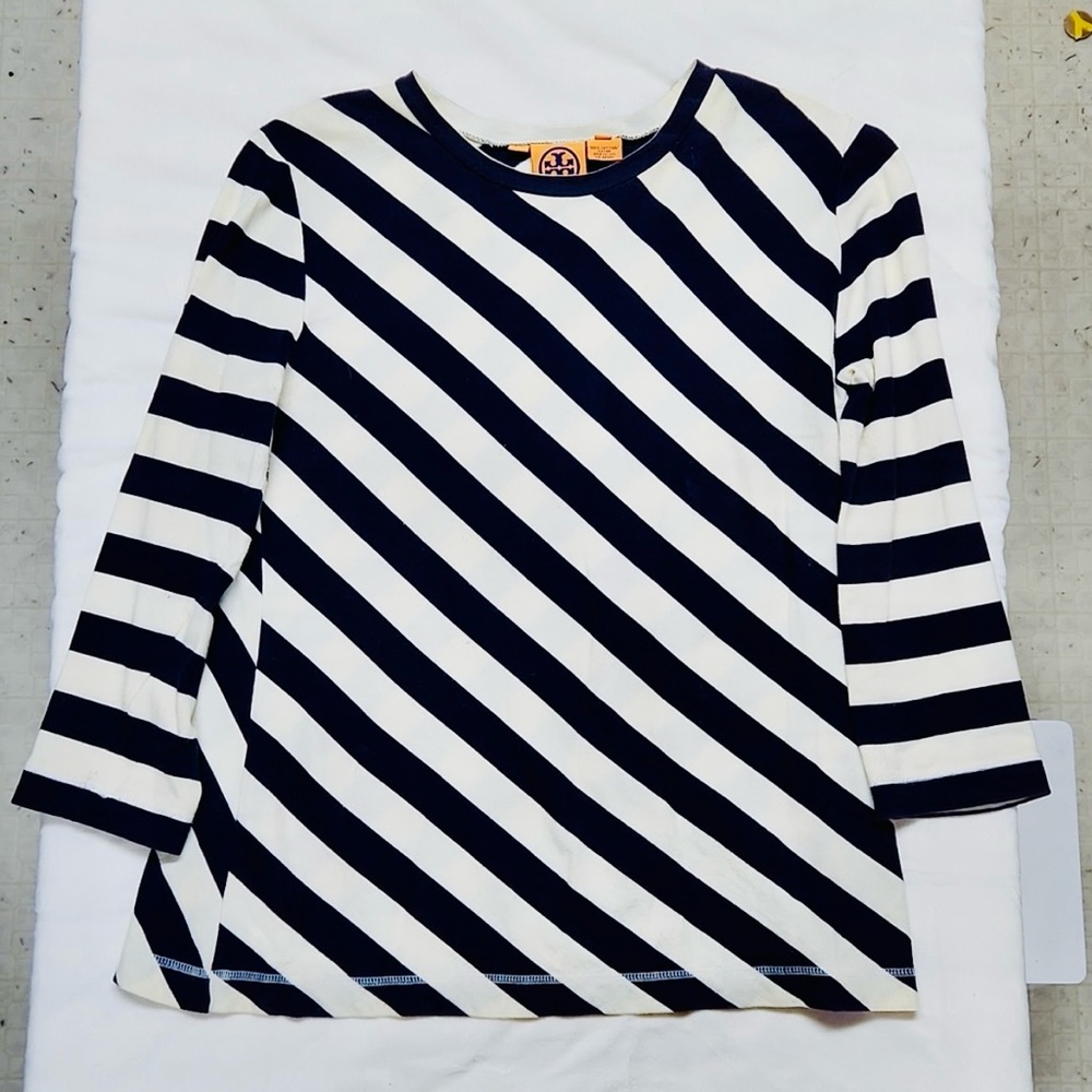 Tory Burch Black and White Striped Long Sleeve Top, Sized Large